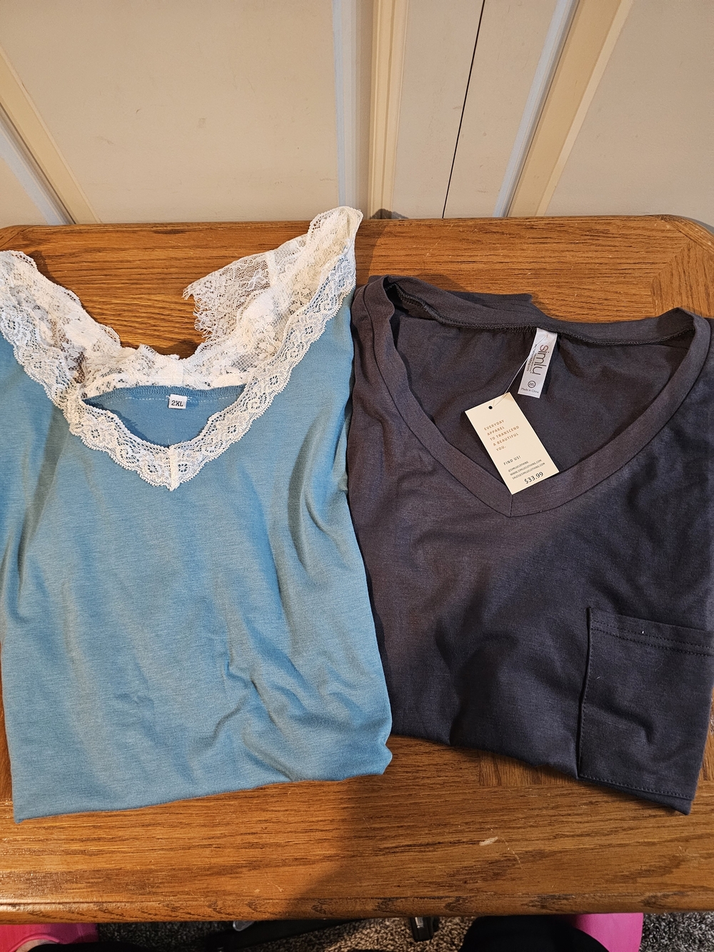 Lace Trim Blue Tank & Charcoal V-Neck Simlu NwT Tee Bundle 2XL.